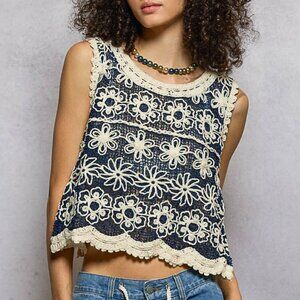 POL Navy Denim Floral Crochet Tank Top One Size NWOT Boho Cottagecore